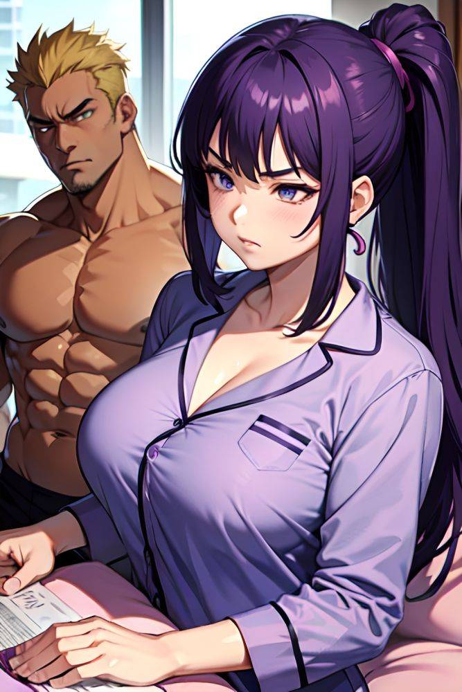 Anime Muscular Huge Boobs 70s Age Serious Face Purple Hair Ponytail Hair Style Light Skin Crisp Anime Mall Close Up View Sleeping Pajamas 3688358574503688269 - AI Hentai - #main