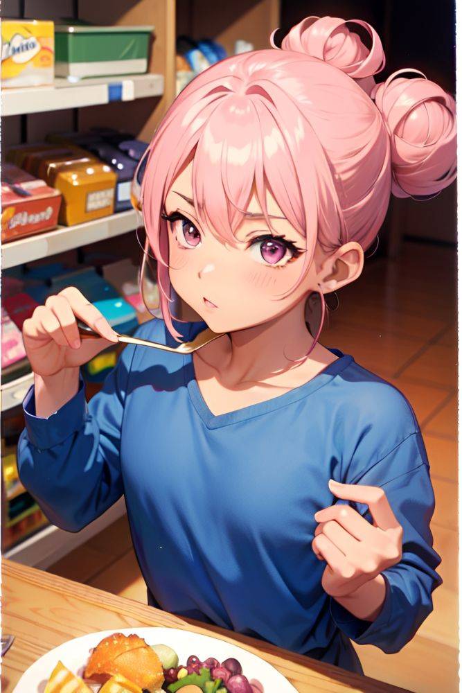 Anime Muscular Small Tits 80s Age Seductive Face Pink Hair Hair Bun Hair Style Dark Skin Vintage Grocery Close Up View Eating Pajamas 3688482269391463159 - AI Hentai - #main