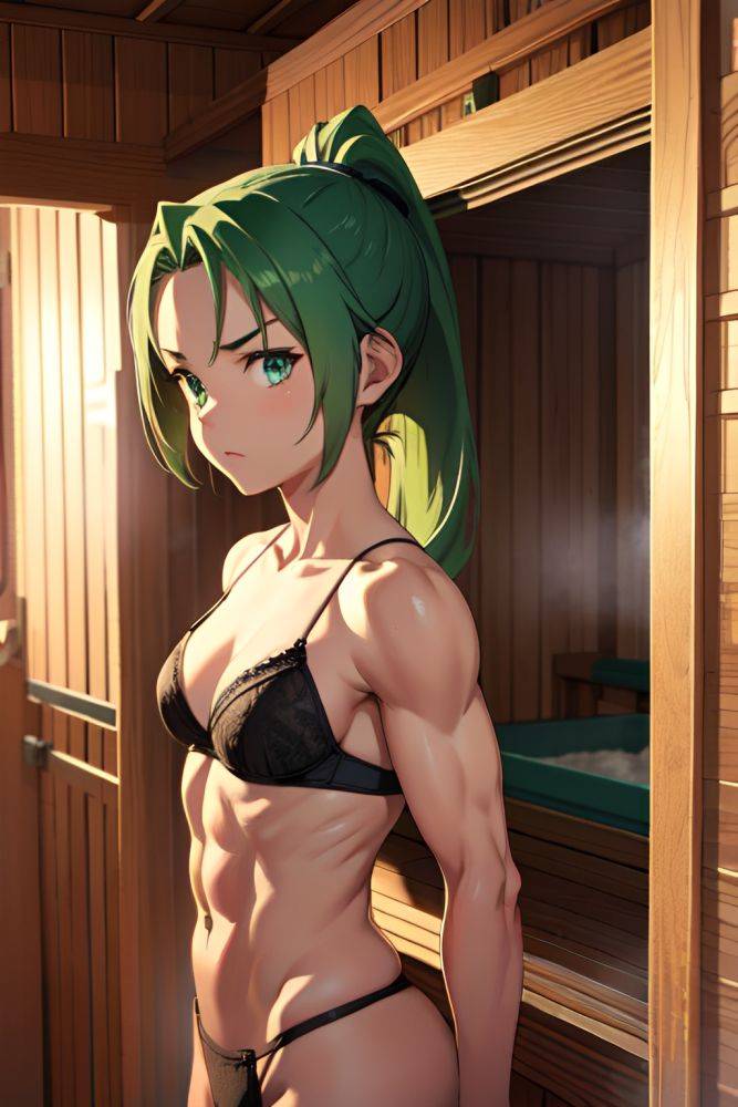 Anime Muscular Small Tits 40s Age Serious Face Green Hair Ponytail Hair Style Dark Skin Mirror Selfie Sauna Side View Plank Lingerie 3688710332157582199 - AI Hentai - #main