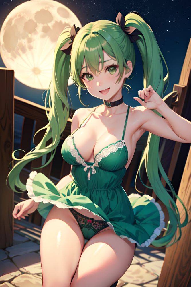 Anime Busty Small Tits 50s Age Happy Face Green Hair Pigtails Hair Style Dark Skin Soft + Warm Moon Close Up View Jumping Lingerie 3689305614167843060 - AI Hentai - #main