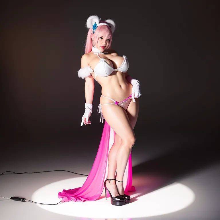 ,woman,twenties,(RAW photo, best quality, masterpiece:1.1), (realistic, photo-realistic:1.2), ultra-detailed, ultra high res, physically-based rendering,bun head,pink hair,blue eyes,beautiful,(smile),huge breasts,huge - #main