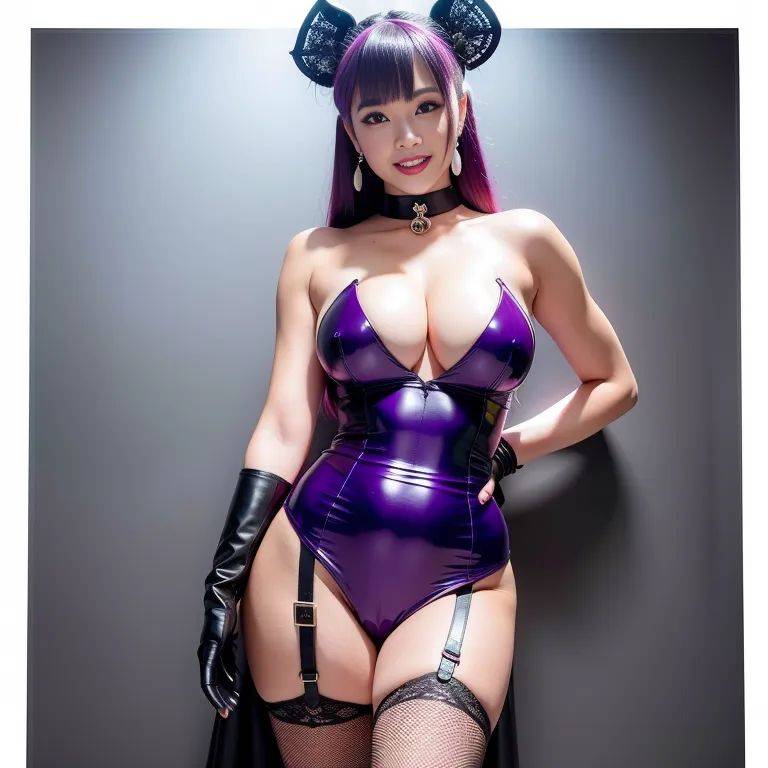 ,woman,twenties,(RAW photo, best quality, masterpiece:1.1), (realistic, photo-realistic:1.2), ultra-detailed, ultra high res, physically-based rendering,bun head,purple hair,beautiful,(smile),huge breasts,huge ass,perfect - #main