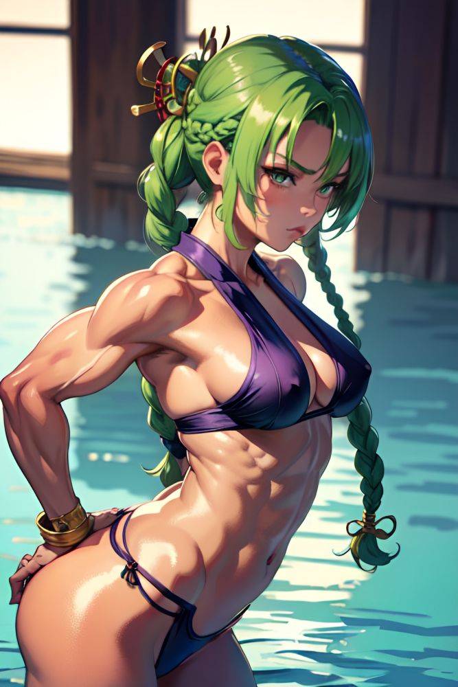 Anime Muscular Small Tits 80s Age Pouting Lips Face Green Hair Braided Hair Style Light Skin Skin Detail (beta) Lake Side View Bending Over Geisha 3696124303609416407 - AI Hentai - #main