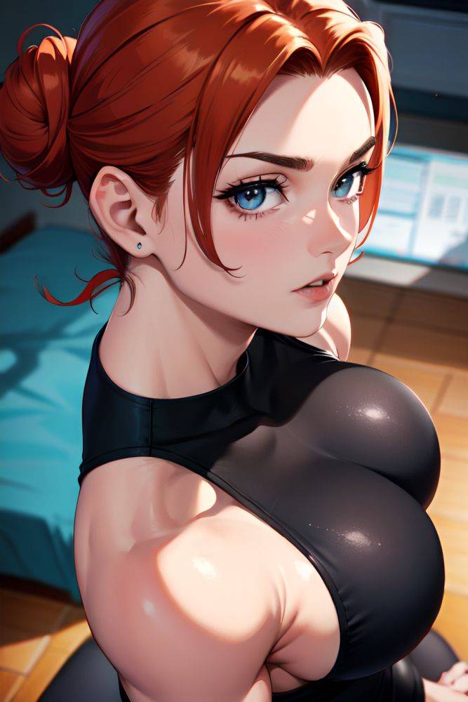 Anime Muscular Huge Boobs 80s Age Seductive Face Ginger Hair Bun Hair Style Light Skin Charcoal Office Close Up View On Back Goth 3696174553774990105 - AI Hentai - #main