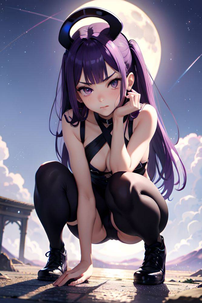 Anime Skinny Small Tits 30s Age Pouting Lips Face Purple Hair Bangs Hair Style Light Skin Black And White Moon Front View Squatting Goth 3696707989669226696 - AI Hentai - #main