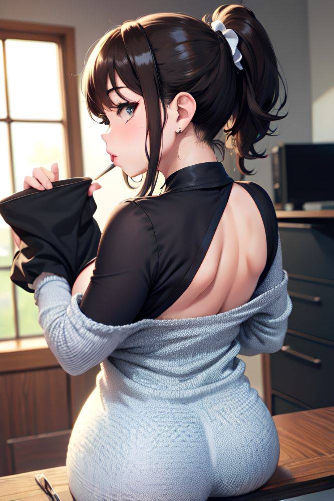 Anime Chubby Small Tits 60s Age Pouting Lips Face Brunette Ponytail Hair Style Light Skin Charcoal Stage Back View Eating Goth 3697048151081432499 - AI Hentai - #main