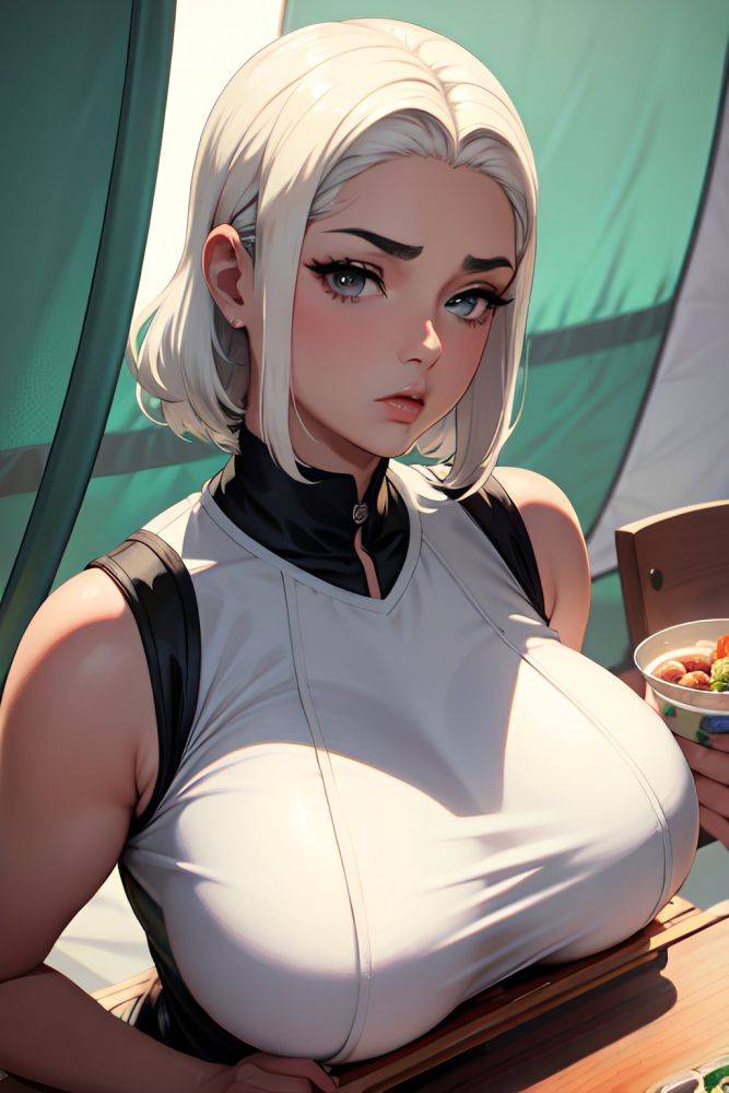 Anime Chubby Huge Boobs 50s Age Serious Face White Hair Slicked Hair Style Dark Skin Painting Tent Close Up View On Back Teacher 3697341924835979517 - AI Hentai - #main