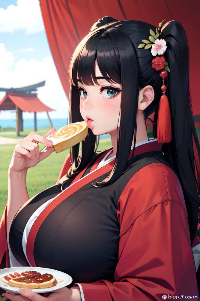 Anime Chubby Huge Boobs 20s Age Pouting Lips Face Black Hair Bangs Hair Style Dark Skin Soft Anime Tent Side View Eating Kimono 3697774860644984777 - AI Hentai - #main