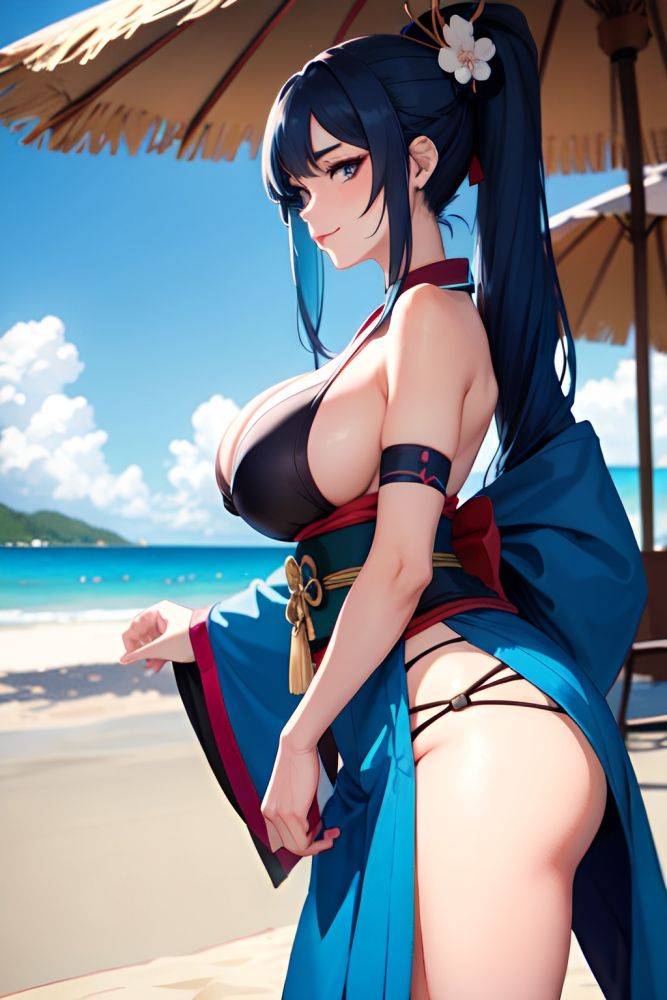 Anime Skinny Huge Boobs 70s Age Happy Face Blue Hair Ponytail Hair Style Dark Skin Film Photo Beach Side View Eating Geisha 3697844442977841546 - AI Hentai - #main