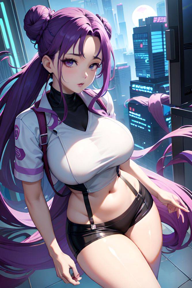 Anime Busty Huge Boobs 20s Age Shocked Face Purple Hair Hair Bun Hair Style Light Skin Cyberpunk Moon Front View Jumping Nurse 3698176869586702929 - AI Hentai - #main