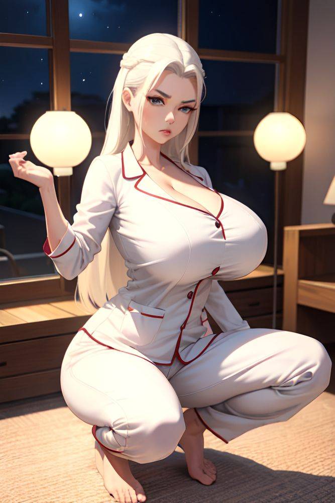 Anime Busty Huge Boobs 60s Age Serious Face White Hair Slicked Hair Style Light Skin 3d Moon Front View Squatting Pajamas 3692030768780414284 - AI Hentai - #main