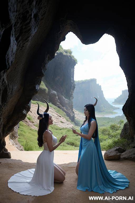 the image depicts two female characters with horns, one wearing a blue dress and the other in a white dress, in a fantasy setting, with a cave in the background, and one of them is standing and the other is kneeling. - #main