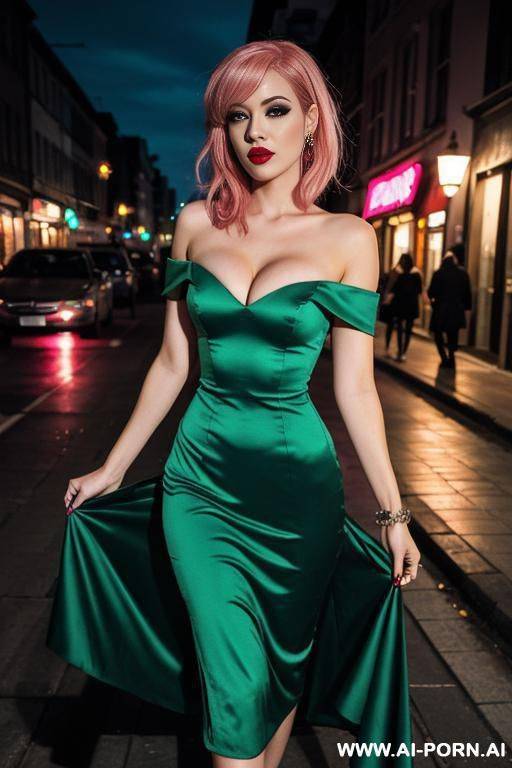 vampire, pink hair, sexy green dress, night street - #main