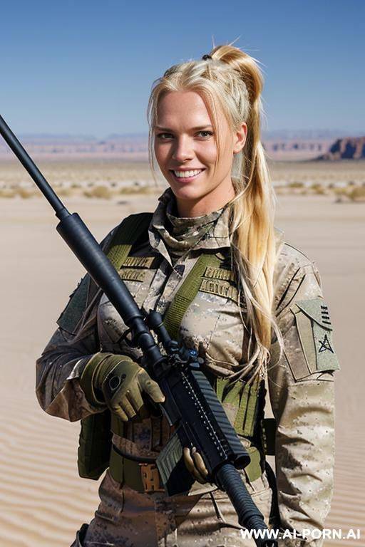 (place: desert), (clothes: ragged camoflaged military uniform), (sniper rifle in hands), (long hair) - #main