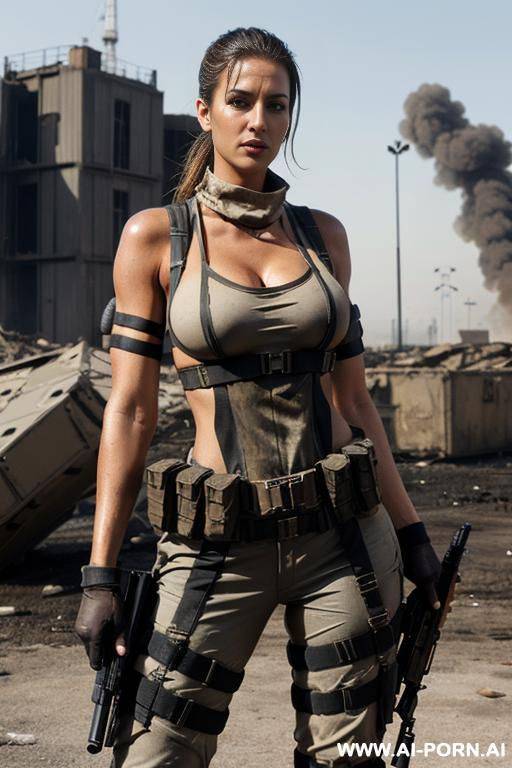 {collapsed industrial site), rifle in hands, munition belt, wet tank top - #main