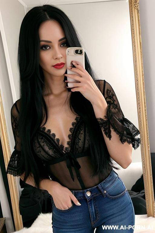 woman long hair black lace blouse jeans selfie photo in the mirror - #main