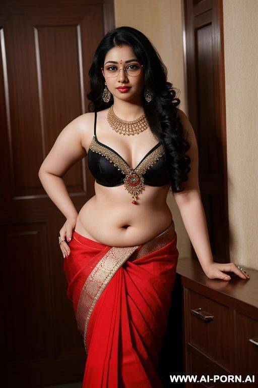 pale skin, cute, beautiful, indian woman, round glasses, round tits, red saree, chubby, full body, hip chain - #main