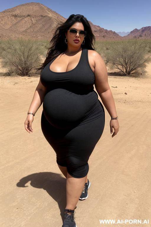 a huge mexican woman, she has a obese body, huge belly, saggy belly, wearing a black tank top, massive huge breast, very big long saggy huge breast, she is walking in the desert - #main