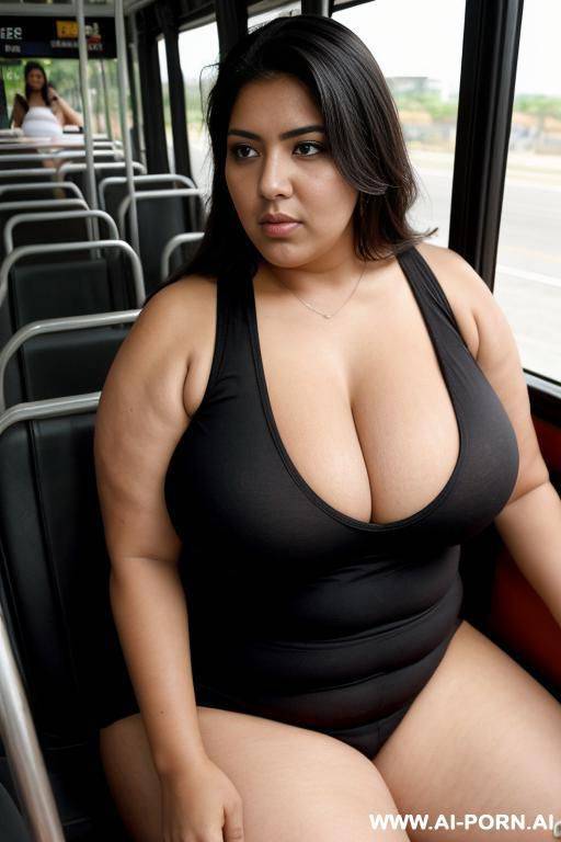 a huge mexican woman, she has a obese body, she is riding on a bus, wearing a black tank top, massive breast, saggy huge hangers - #main
