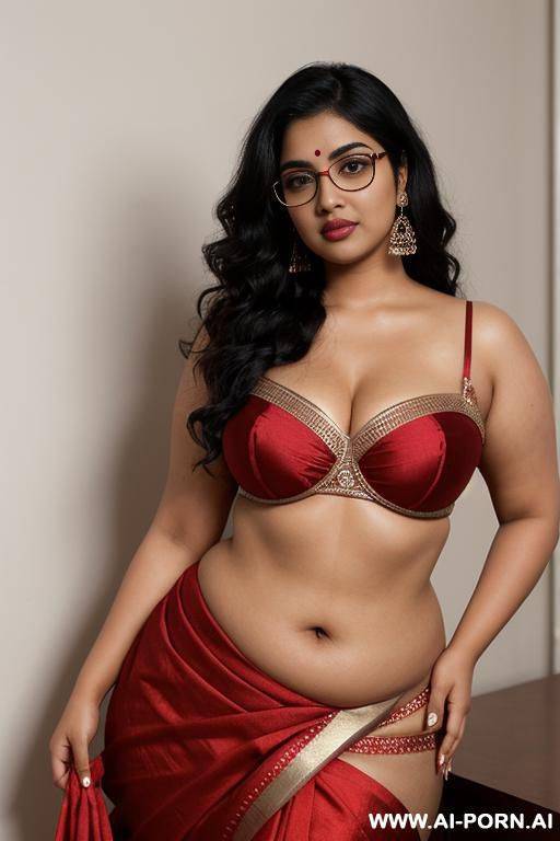 skin, , beautiful, indian woman, round glasses, round boobs, red saree, chubby, flashing navel, full body - #main