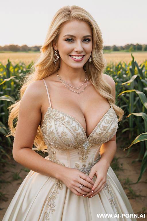 short large breasted 20 year old southern belle with long blonde hair, huge breasts, smiling wearing a ball gown showing cleavage and a diamond necklace and earrings standing in a cornfield - #main