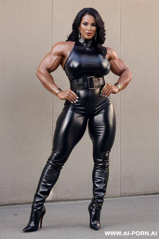 fully in leather, big, strong body building milf, high leather boots, stiletto heel, standing tall, showing biceps, leather trousers, regular breasts - #main