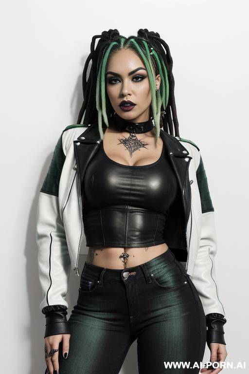 ((beautiful gothic woman with athletic body, athletic build, gorgeous figure, wide hips, natural breasts, light green hair , expressive thick black eyebrows,)) ((body covered with tattoos, white skin, - #main