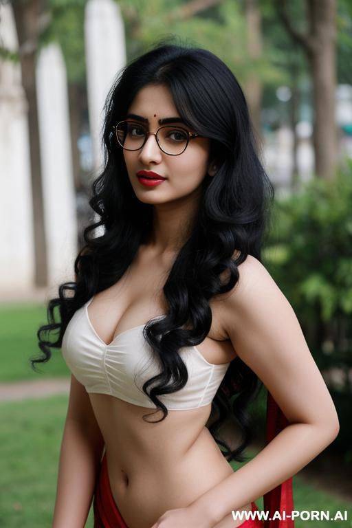 pale skin, cute, beautiful, indian woman, round glasses, round boobs, red saree, front side view - #main