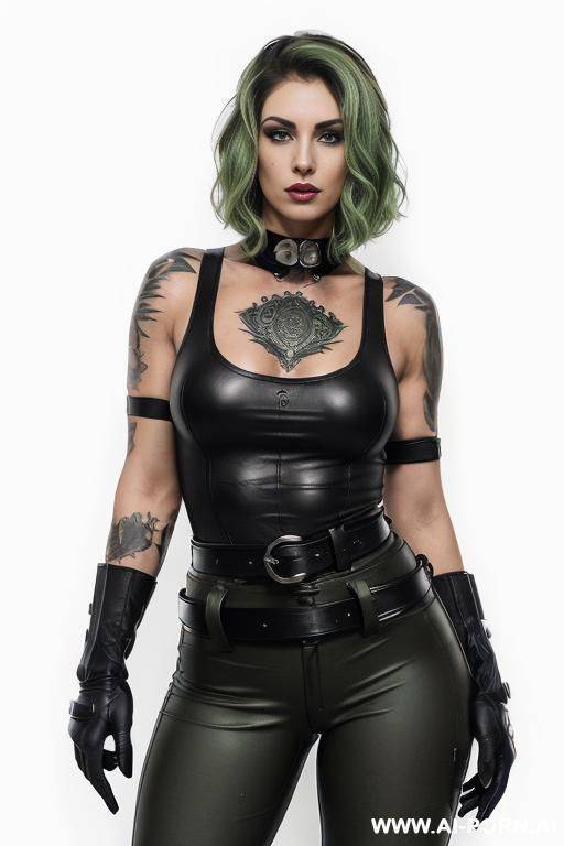 ((beautiful gothic woman with athletic body, athletic build, gorgeous figure, wide hips, natural breasts, poimanous green hair color, expressive thick black eyebrows,)) ((body covered with tattoos, white - #main