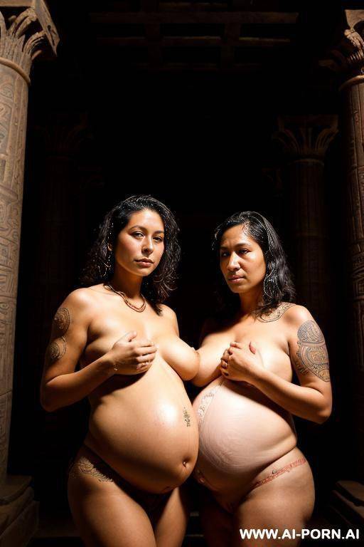 two women, hawaian, sad, lactation, pregnant, big natural boobs, nude in a dark egiptian temple, tatoos, at night, ritual - #main