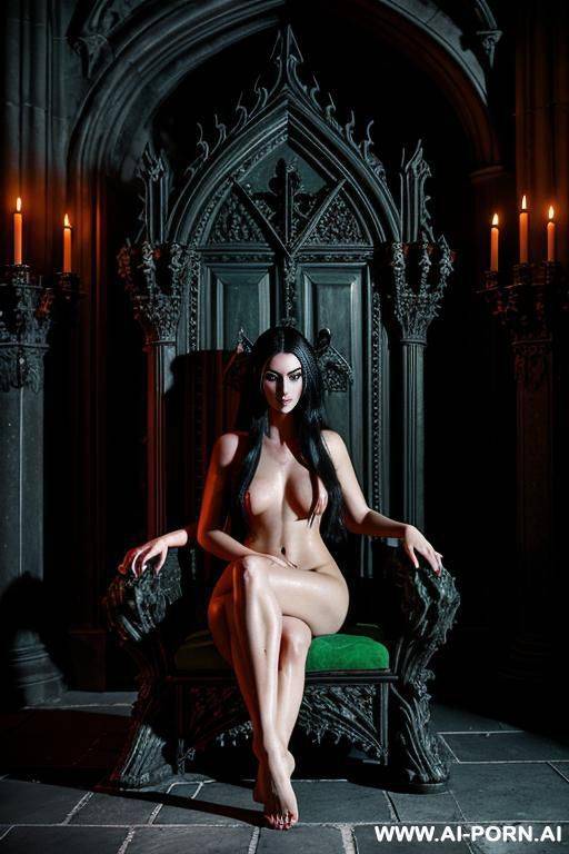 in a creepy old gothic castle throne room at night. sitting on a stone throne. dark vampire goddess look. bare foot.bright red eyes. - #main