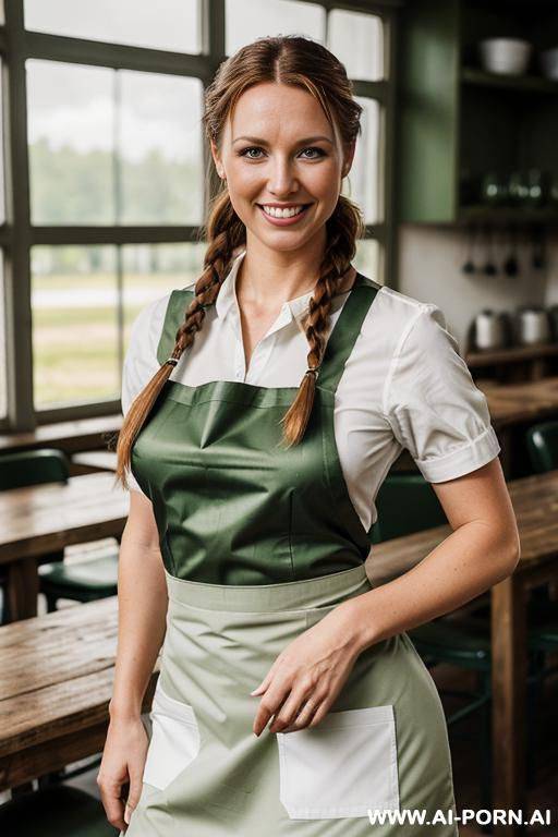 (place: dim empty mess hall); (wearing "green military uniform, top completly open" and "white apron", ) - #main