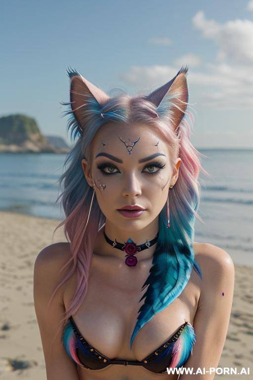 face, sexy, beautiful, ((evil woman)), ((face painting)), ((body painting)), ((bikini as seashell)), ((fantasy bikini)), ((roses)), ((eyes shw)), ((angel wings)), ((choker)), ((rainbow hair)), (( makeup)), - #main