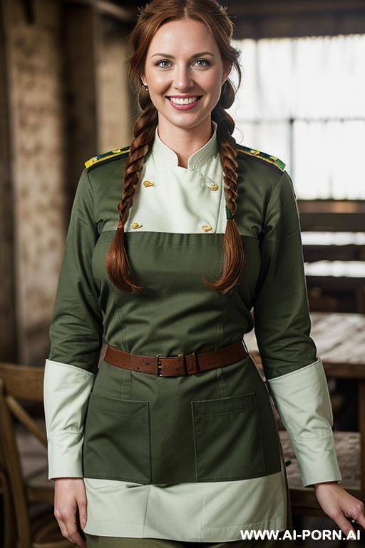 (place: dim mess hall); (wearing "green military uniform, unbuttoned" and "dirty white apron", ) - #main