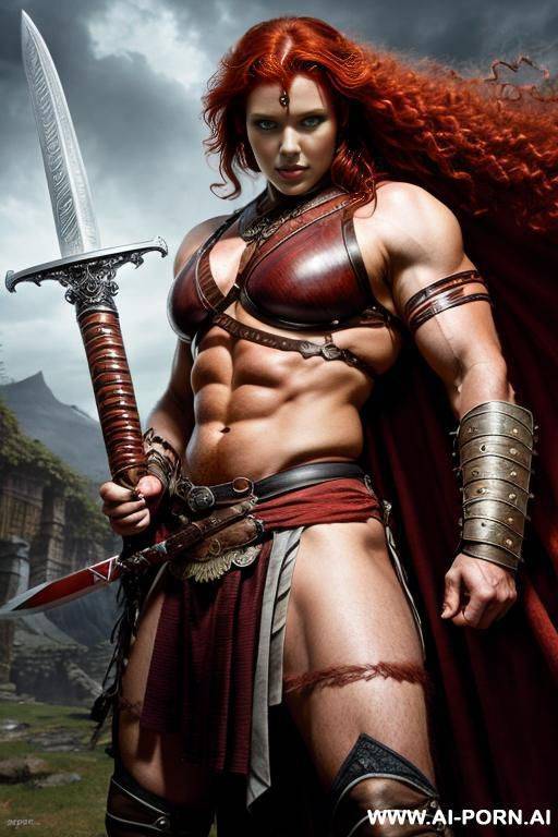 fantasy setting, barbarian, curly red hair, strong pose, holding sword, - #main