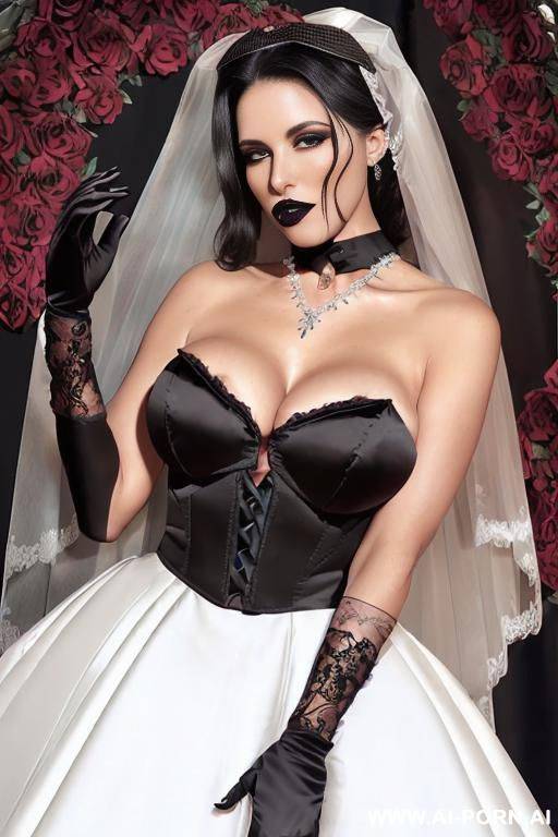 ((naked body)), ((shaved pussy)), agressive makeup, red lipstick, ( skin), (((black stockings))), (((black satin elbow lenght gloves))), (((black bride veil))), ((pressing large bouquet of red roses to her chest)) - #main