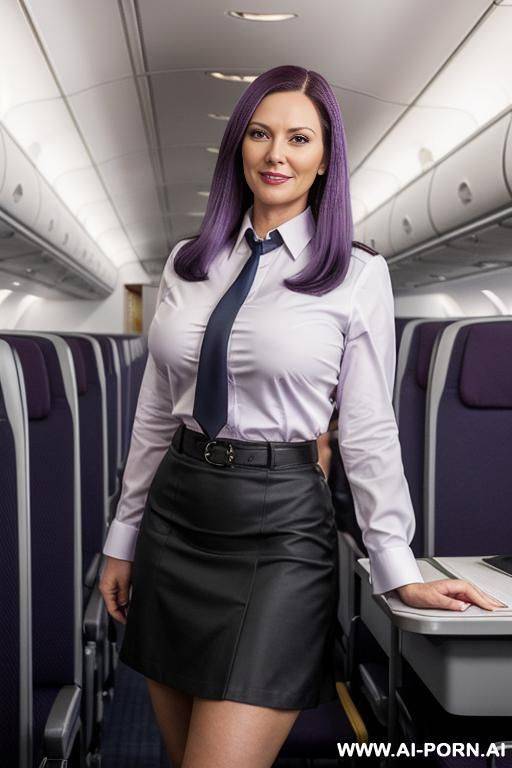 sexy and hot milf stedess of a public airline, ultra realistic, 3, big breasts, full body view, wears a sexy, hot and tight red stedess uniform of a public airline, wears a red skirt, a - #main