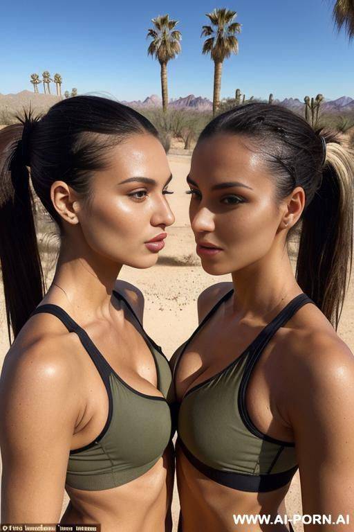 (place: desert sanctuary, palm trees); twins; olive skin, sports bra - #main