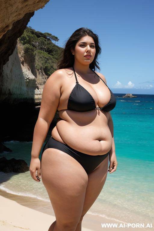 a huge fat woman, she can hardly walk she is so fat, huge obese body, she is wearing a huge black bikini, she is standing by a cave by the ocean, back view - #main