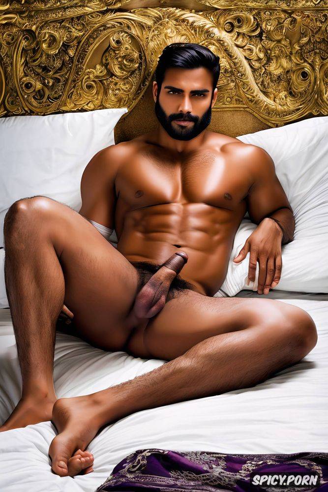 white indian male, royal bedroom, gorgeous face, stubble, on bed - #main