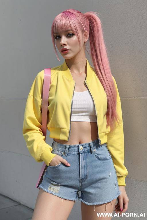 1, soft facial features, skin, dyed pink hair that she ties back with ribbon into a high ponytail with blunt bangs and two strands that frame her face. she wears an open yellow varsity jacket, yellow crop top, denim shorts, sneakers, yellow nail polish. - #main