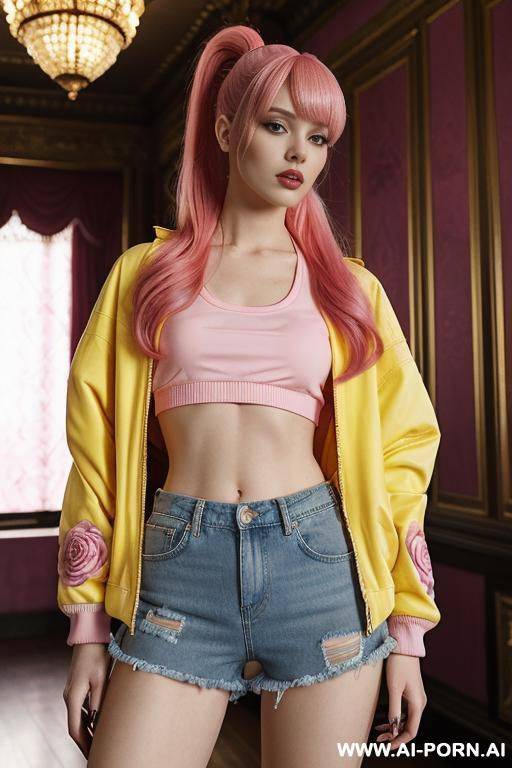 has pink eyes and a dyed pink hair that she ties back with ribbon into a high ponytail with blunt bangs and two strands that frame her face. she wears an open yellow varsity jacket, crop top, denim shorts, sneakers. - #main