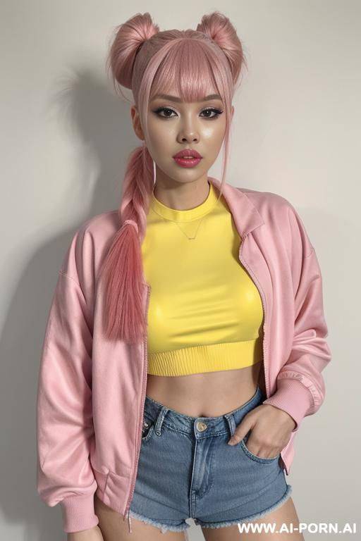 1, soft facial features, dyed pink hair that she ties back with ribbon into a high ponytail with blunt bangs and two strands that frame her face. she wears an open yellow varsity jacket, crop top, denim shorts, sneakers, yellow nail polish. - #main