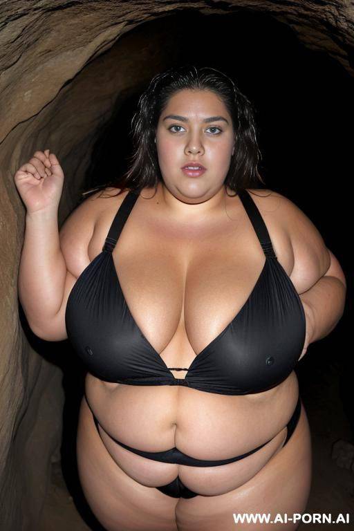 a huge fat woman, she can hardly walk she is so fat, huge obese body, she is wearing a huge black bikini, she is inside a very dark cave, a man is tearing her top off, her big tits are out - #main
