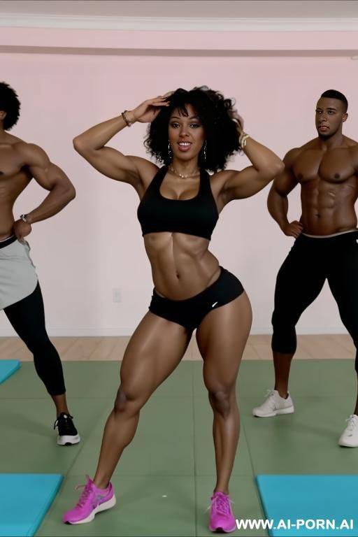 black african woman, athletic body, breasts, firm ass, black curly hair, naked, zumba instructor, performs a choreography with a group of muscular men with their dicks in sight - #main