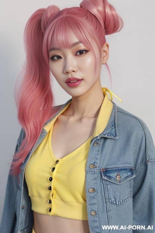 1, soft facial features, skin, dyed pink hair that she ties back with ribbon into a high ponytail with blunt bangs and two strands that frame her face. she wears an open yellow varsity - #main