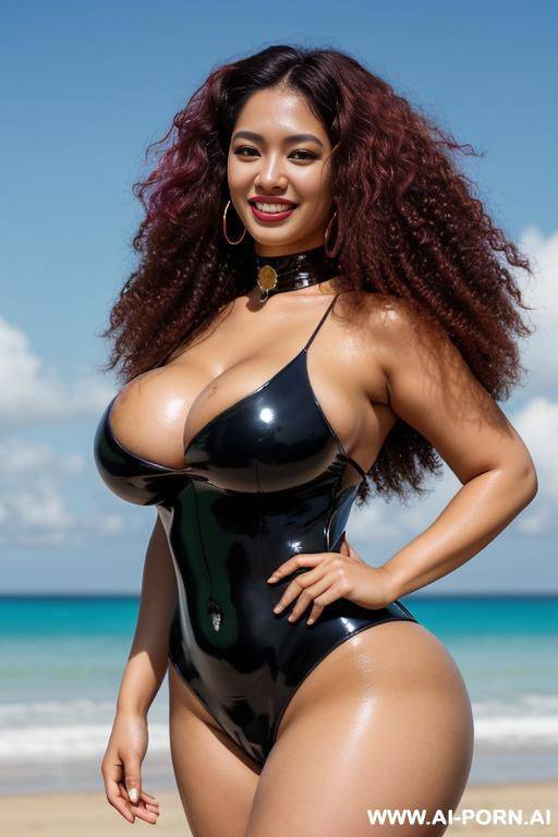 light skin, very light brown afro, round face, seductive smile, chubby, large breasts with dark nipples, huge thick round ass, very oily , choker, inside - #main