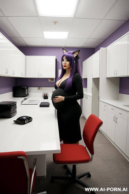 a woman with long purple hair that is styled in the form of cat ears on top of her head. she has expressive black eyes with long eyelashes and a mole under her right eye. she wears triangle earrings with red stones. pregnant - #main