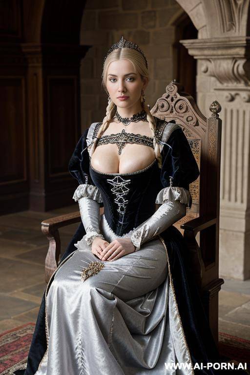 evil queen wearing black robes embroidered with silver sitting legs spread on a evil throne, silver crown studded with saphires, elaborate platinum blonde braids, fantasy setting castle throne room - #main