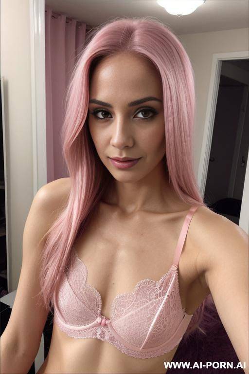 slim woman long hair lace thong pink bra pink selfie photo in the mirror - #main